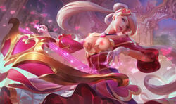 alternate_costume areola artist_request blonde_hair blue_eyes breasts collar dress earrings female gloves heart heartbreakers_series highres league_of_legends lips nipples solo sona_buvelle sweetheart_sona very_long_hair