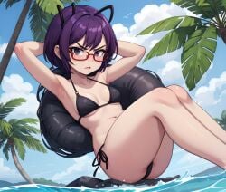 1girls against_tree ai_generated armpits bamboo beach bikini black_bikini blue_sky branch breasts cactus cloud cloudy_sky day female horns island ivy jungle leaf ocean outdoors plant potted_plant purple_hair red-framed_eyewear side-tie_bikini sky solo swimsuit tanabata tree vines water