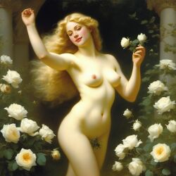 ai_generated belly blonde_hair blue_eyes breasts curly_hair curvy female flower flowers lips long_hair medium_breasts navel nipples nude presenting realistic rose_(flower) smile solo white_rose william_bouguereau