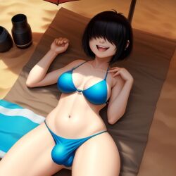 1futa ai_generated beach bikini black_hair blue_bikini blue_clothing bob_cut breasts bulge corey_(purple_letter) dickgirl frosting.ai futanari goth hair_over_eyes happy laying_down oc original original_character partially_clothed penis penis_bulge purple_letter rule_63 self_upload smile smiling solo