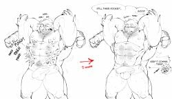 2024 abs absurd_res anthro barazoku biceps big_muscles big_penis biped bulge detailed_bulge duo genitals half-erect hi_res humanoid_genitalia humanoid_penis looking_at_viewer male mammal muscular muscular_anthro muscular_male muscular_sub pecs penis punch punching_fist raised_hand submissive suid suina sus_(pig) tofuxal wild_boar