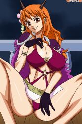 1girls beast_pirates_(cosplay) bikini darkuro_27 female female_only flower_in_hair fur_cape gloves horns long_hair nami one_piece orange_hair post-timeskip solo