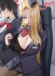 2girls airplane black_bra black_jacket black_skirt blue_archive blue_eyes blush bowtie bra cleavage closed_eyes hair_over_one_eye halo hat hi_res lace-trimmed_bra lace_trim large_breasts long_hair looking_at_viewer name_tag official_alternate_costume one_eye_closed open_clothes open_mouth pencil_skirt pina_(blue_archive) pina_(guide)_(blue_archive) red_hair short_hair sitting skirt sleeping smile streaked_hair tsubaki_(blue_archive) tsubaki_(guide)_(blue_archive) white_shirt yzr_(yzr99)