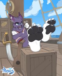 1boy 2024 3_toes anthro ass barrel big_feet billie_bust_up black_nose black_pawpads black_paws blue_eyes blue_sky boat bodily_fluids bone bottomless bottomless_anthro bottomless_male breath chest_tuft claws clothed clothing cloud crate crossed_arms crossed_legs domestic_cat ear_piercing english_text eyebrows facial_markings fangs feet feet_up felid feline felis fishbone foot_fetish foot_focus fur fur_markings glistening glistening_eyes glistening_nose glistening_pawpads guitar head_markings hi_res long_ears male male_only mammal markings melee_weapon mostly_nude multicolored_body multicolored_ears multicolored_fur musical_instrument open_mouth outside panting pawpads paws piercing pink_tongue pirate plucked_string_instrument pupils purple_body purple_ears purple_fur raised_eyebrow rope rous_fox_(artist) scrimshaw scrimshaw_(billie_bust_up) sea shadow sharp_teeth ship shirt sigh signature sitting skeleton skull sky slit_pupils soles solo string_instrument sweat sword teeth text toe_claws toes tongue toony topwear tuft two_tone_ears vehicle water watercraft wave weapon white_body white_fur wood