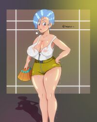 blue_eyes blue_hair bulma_briefs cutoff_shorts dragon_ball dragon_ball_super dragon_ball_z dripping earrings exhausted fan flushed green_shorts hoipoiart messy_hair nipples_visible_through_clothing pale_skin sweat sweatdrop sweating sweating_profusely sweaty_armpits sweaty_body sweaty_breasts sweaty_clothes sweaty_thighs tank_top thick_thighs very_sweaty wet_clothes white_shirt wrench