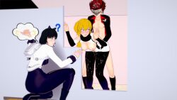 adam_taurus behind_door black_hair black_hair_female blake_belladonna blonde_female blonde_hair cheating cheating_girlfriend cheating_with_enemy cheer_snuffer dominant_male domination faunus from_behind from_behind_position netorare ntr red_hair red_hair_male rwby submissive_female submissive_human villain_on_hero villain_win yang_xiao_long