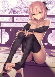 1girls ahoge barefoot black_gloves black_legwear black_panties black_socks blonde_hair bow breasts cherry_blossoms cleavage elbow_gloves fate/grand_order fate_(series) feet feet_together female fingerless_gloves gloves hair_between_eyes japanese_clothes ninja nipples nude nude_filter official_art okita_souji_(fate) panties petals pink_hair presenting_feet sitting sleeveless_kimono smile socks soles solo takeuchi_takashi tatami thigh_socks thighhighs toe_scrunch toeless_legwear toeless_socks toes topless type-moon underwear yellow_eyes