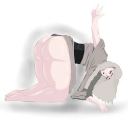 big_ass big_butt clothed clothing exposed_ass feet female huge_ass jujutsu_kaisen master_tengen partially_clothed peace_sign sweat sweatdrop sweating sweaty_butt tengen_(jujutsu_kaisen) thick_ass thick_thighs tsuman_(artist) white_background white_eyes white_hair