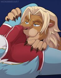 anthro between_legs bulge bulge_lick clothing felid hi_res licking lion male male/male mammal mcnubbies pantherine tongue underwear