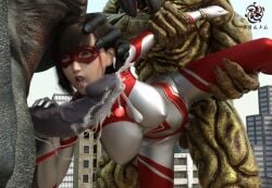 1girls 2boys 3d alien alien_girl alien_humanoid breasts building building_destruction building_sex city cum excessive_cum female female_penetrated heroine human losing losing_fight rape tight_clothing ultraman_(franchise) ultrawoman ultrawoman_katia