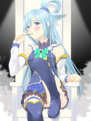 1girls aqua_(konosuba) blue_eyes blue_hair blush boots censored female female_only heel_boots high_heel_boots kakari kono_subarashii_sekai_ni_shukufuku_wo! long_hair pussy solo thigh_boots thighhigh_boots