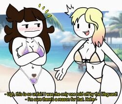 2girls ^^^ accurate_art_style beach bikini blonde_hair blurry blurry_background blush breasts brown_hair cleavage clothing day embarrassed english_language english_text female female_pubic_hair gradient_hair high_resolution highleg highleg_bikini highleg_swimsuit jaiden jaiden_(jaiden_animations) jaiden_animations jaidenanimations large_breasts looking_at_another micro_bikini mole mole_on_breast multicolored_hair multiple_girls navel open_mouth outdoors pale_skin pubic_hair pubic_hair_peek purple_bikini purple_swimsuit short_hair smile steca subtitled swimsuit text thelazyart white_skin youtube youtuber youtuber_girl youtubers