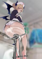 ambulocetus anus ass blonde_hair chair demon demon_girl demon_horns demon_tail demon_wings female_pubic_hair from_below hair_bun hat high_heels highres hololive hololive_gen_2 hololive_japan horns looking_at_viewer looking_back no_panties nurse nurse_cap pubic_hair sitting skirt succubus swept_bangs tail virtual_youtuber wings yuzuki_choco