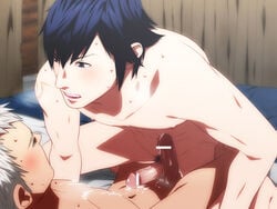 2boys abs after_sex anal blue_hair blush chrom_(fire_emblem) cum cum_in_ass cum_on_body cum_while_penetrated cumdrip fire_emblem fire_emblem_awakening izumi_nekotsuki male_only multiple_boys muscle nude pecs penis robin_(fire_emblem) robin_(fire_emblem)_(male) short_hair steam straddling sweat testicles wince yaoi