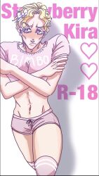 ashamed blush covering_self crop_top diamond_is_unbreakable donocho embarrassed embarrassed_male femboy jojo's_bizarre_adventure looking_away looking_down male male_focus male_only thigh_highs twink twunk yoshikage_kira