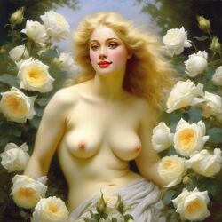 ai_generated belly blonde_hair blue_eyes breasts curly_hair curvy female flower flowers lips long_hair medium_breasts navel nipples nude presenting realistic rose_(flower) smile solo white_rose william_bouguereau