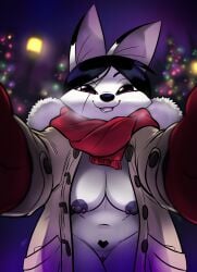 anthro anthro_only awd awdtwit bare_breasts bare_pussy breasts cave_cody christmas christmas_lights christmas_theme cold exhibitionism fox fox_ears fox_girl furry gloves hands_on_cheeks happy_face happy_female jasmine_(awdtwit) long_coat looking_at_viewer nipple_piercing pov public_nudity pussy scarf vagina visible_breath