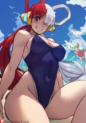 1girls beach big_breasts blue_eyes blush cleavage competition_swimsuit female female_only foonie_xd long_hair looking_at_viewer multicolored_hair one-piece_swimsuit one_piece red_hair solo solo_female solo_focus swimsuit thick_thighs thighs uta_(one_piece) white_hair wide_hips