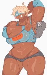 @_@ armpit_fetish belly blonde_hair breadcatta muscle_girl muscles musk size_difference sweat tan_body