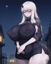 aged_up ai_generated albino bags_under_eyes bangs big_breasts black_dress cowboy_shot embarrassed erect_nipples fate/grand_order fate_(series) female gigantic_breasts hairbow huge_areolae huge_ass huge_nipples kunaboto_(style) lavinia_whateley_(fate/grand_order) long_hair looking_down night own_hands_together pale_skin polka_dot_bow purple_eyes shaded_face short_dress sidelocks single_horn solo thick_thighs village white_hair wide_eyed wide_hips