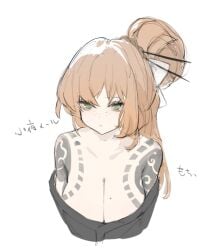 1girls barely_clothed big_breasts blush cleavage freckles ginger ginger_hair green_eyes hair_bun hair_ornament ishmael_(limbus_company) kemono leaning_forward limbus_company orange_hair project_moon revealing_clothes tattoo