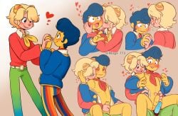 2boys 4_fingers blonde_hair blue_hair blush cute_male genderswap handjob heart juile_(igph) julie_joyful_(welcome_home) kiss_on_cheek kiss_on_neck pink_body pink_skin shirt_down tagme wally_darling_(welcome_home) welcome_home_(puppet_show) yellow_body yellow_skin