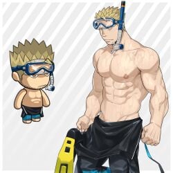 1boy abs absurdres bara beard_stubble bodysuit chibi cowboy_shot diving_mask diving_suit ero_condo facial_hair frown goggles goggles_on_head groin highres kienbiu large_pectorals looking_at_viewer male_focus male_only muscular muscular_male navel nipples no_visible_genitalia official_alternate_costume paid_reward_available pectorals penis penis_peek punt_(kienbiu) shaved_body short_hair simple_background solo standing stomach stubble swimming_fins topless_male wet wetsuit