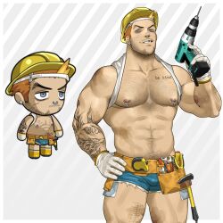 1boy absurdres arm_tattoo bara bare_pectorals beard_stubble bulge character_request chibi clothes_lift cowboy_shot denim denim_shorts drill ero_condo facial_hair gloves hairy hard_hat helmet highres kienbiu large_pectorals male male_focus male_only mechanic micro_shorts muscular muscular_male mustache_stubble navel nipple_piercing nipple_rings nipples no_visible_genitalia nose_piercing nose_ring official_alternate_costume orange_hair paid_reward_available pectorals piercing plump shirt_behind_neck shirt_lift short_hair shorts simple_background smirk solo solo_male sparse_leg_hair standing stomach stubble tattoo thick_arm_hair thick_chest_hair thick_navel_hair thick_thighs thighs