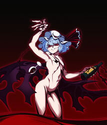 abs bat_wings blue_hair bottle breasts broken_glass claws female ginnyo hat mob_cap muscle navel nude red red_eyes remilia_scarlet ribbon short_hair smile solo spill touhou vampire wine wine_glass wings