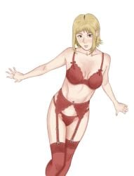 1girls blonde_hair bra breasts chainsaw clothing cybolbee female female_only lace_bra lace_panties legs_together lingerie looking_at_viewer matching_underwear panties red_bra red_eyes red_panties sawatari_akane seductive_look short_hair small_breasts wide_hips