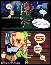 1boy barn benek blonde_hair canon_couple comic couple dialogue english_text exclamation_point farm hylian hylian_ears link link_(ocarina_of_time) male malon navi night ocarina_of_time part_1 pointy_ears singing speech_bubble text the_legend_of_zelda walking_in_on