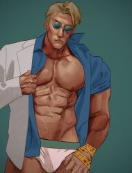 1boy bara blonde_hair bulge clothing crispyy_art daddy jockstrap jujutsu_kaisen kento_nanami male male_focus male_nipples male_only mature_male muscular_male nipples solo_male underwear