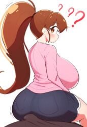 1boy 1girls ai_generated alternate_breast_size bulge buttjob confused curvy female gigantic_breasts huge_ass human looking_back male novelai question_mark sitting_on_lap taneshima_popura working!!