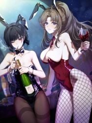 2girls alcohol big_breasts black_hair blue_eyes brown_hair bunny_ears bunnysuit champagne fishnets glass limbus_company long_hair looking_at_viewer medium_breasts one_eye_closed pantyhose project_moon red_eyes revealing_clothes rodion_(limbus_company) ryoshu_(limbus_company) short_hair smoking tattoo wine wine_glass