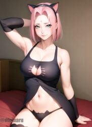 1girls 2024 ai_generated animal_ears bra breasts cat_ears cat_girl choker detailed fake_animal_ears female female_only green_eyes hair_ornament hi_res illumaru legwear looking_at_viewer medium_breasts midriff naruto naruto_(series) naruto_shippuden panties pink_hair sakura_haruno seductive_smile sitting sitting_on_bed solo solo_focus spread_legs squatting stable_diffusion stockings strap_pull thick_thighs thighhighs underwear