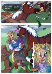 2020 alternate_species anthro blonde_hair blue_eyes breath_of_the_wild bucket carrot clothing comic creamyowl dialogue duo english_text epona_(tloz) equid equine female fence feral_to_anthro food genitals hair hi_res hooves horse humanoid_genitalia humanoid_pussy mammal nintendo outside plant plantigrade princess_zelda pussy smile spread_legs spreading surprise text the_legend_of_zelda transformation vegetable video_games zelda_(breath_of_the_wild)