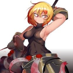 1girls armor armpits blonde_hair blood clothing cuddz don_quixote_(limbus_company) limbus_company medium_breasts project_moon red_eyes short_hair sideboob standing sweat weapon