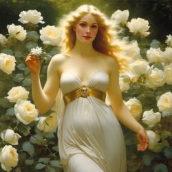 ai_generated blonde_hair blue_eyes breasts curly_hair curvy female flower flowers lips long_hair medium_breasts presenting realistic rose_(flower) smile solo white_dress white_rose william_bouguereau