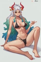 1girls ai_generated bare_arms bare_legs bare_shoulders bare_thighs big_breasts bikini bikini_bottom bikini_top blush clothed clothing color female female_focus female_only hi_res horns large_breasts light-skinned_female light_skin long_hair looking_at_viewer multicolored_hair one_piece prixmal shounen_jump solo solo_female sweat tagme thick_thighs white_hair yamato_(one_piece) yellow_eyes