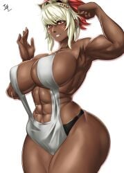 1girls abs arcedo bangs bare_thighs black_panties breasts center_opening dark-skinned_female dark_skin dress facial_mark female female_only fire_emblem fire_emblem_fates flexing grin huge_breasts muscular muscular_female nintendo panties red_eyes revealing_clothes rinkah_(fire_emblem) short_hair sideboob smile solo thick_thighs thighs underwear very_dark_skin white_background white_hair