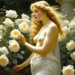 ai_generated belly blonde_hair blue_eyes breasts curly_hair curvy female flower flowers lips long_hair medium_breasts navel nipples nude presenting realistic rose_(flower) smile solo white_rose william_bouguereau