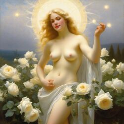 ai_generated belly blonde_hair blue_eyes breasts curly_hair curvy female flower flowers halo light lips long_hair medium_breasts navel nipples nude presenting realistic rose_(flower) smile solo white_rose william_bouguereau