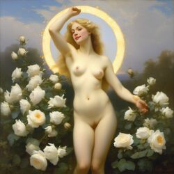 ai_generated belly blonde_hair blue_eyes breasts curly_hair curvy female flower flowers lips long_hair medium_breasts navel nipples nude presenting realistic rose_(flower) smile solo white_rose william_bouguereau