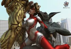 1girls 2boys 3d alien alien_girl alien_humanoid breasts building building_destruction building_sex city cum excessive_cum female female_penetrated heroine human losing losing_fight rape tight_clothing ultraman_(franchise) ultrawoman ultrawoman_katia