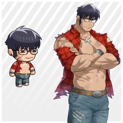 1boy abs absurdres bara bare_pectorals belt bespectacled bulge character_request chibi cowboy_shot crossed_arms denim earrings ero_condo frown glasses highres jeans jewelry kienbiu large_pectorals long_sideburns looking_at_viewer male_focus muscular muscular_male navel necklace nipples no_visible_genitalia official_alternate_costume paid_reward_available pants pectorals short_hair sideburns simple_background solo sparse_stubble standing stomach thick_thighs thighs tooth_necklace torn_clothes torn_sleeves