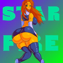 1girls 2014 5ifty alien_girl ass big_breasts big_butt big_buttocks dc dc_comics fat_ass ginger gradient_background green_eyes jay-marvel lips long_hair microskirt midriff miniskirt open_mouth orange_hair red_head skirt solo solo_female starfire tamaranean teen_titans thick_legs thigh_boots warner_brothers