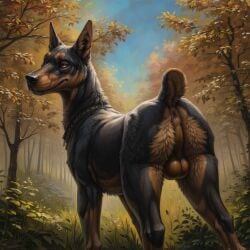 absurd_res ai_generated anus ass attempted_signature autumn balls black_body black_fur black_nose blp canid canine canis collar day detailed detailed_background detailed_fur dobermann domestic_dog ears_up feral flower forest fur genitals glistening glistening_eyes glistening_genitalia glossy_fur hi_res inner_ear_fluff light looking_at_viewer looking_back looking_back_at_viewer male mammal mouth_closed multicolored_body multicolored_fur orange_eyes outside perineum pink_anus pinscher plant presenting presenting_hindquarters pupils raised_tail short_fur short_tail slit_pupils smile solo sunlight tan_balls tan_body tan_fur three-quarter_view tree tuft two_tone_body two_tone_fur whiskers