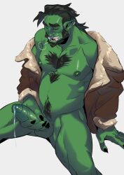 1boy balls bara beard erection green-skinned_male green_body green_skin hairy_chest male male_focus male_nipples male_only male_pubic_hair masturbation muscular_male nipples orc orc_male penis precum precum_drip solo_male sweetcherub teeth teeth_visible tusks varik_(ghangaji)