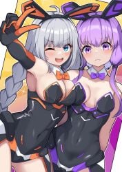 big_breasts bodysuit bunnysuit kizuna_akari pink_hair thick_thighs twintails vocaloid white_hair yuzuki_yukari