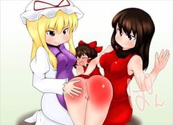 3girls animated anus ass heppokonin looking_back multiple_girls open_mouth pussy red_ass reimu_hakurei sendai_hakurei_no_miko shiny_skin spanked spanking touhou uncensored white_background yukari_yakumo